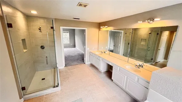 a bathroom with a double vanity sink mirror and shower