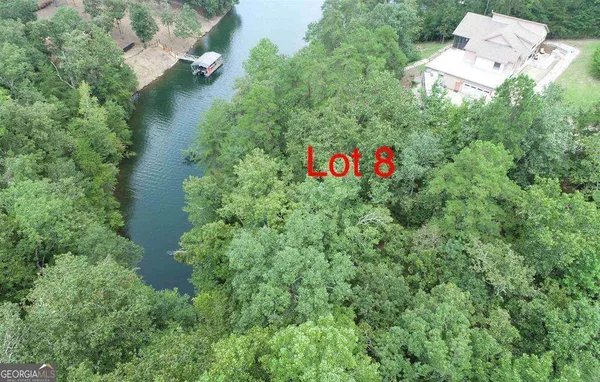 an aerial view of a house with yard and swimming pool
