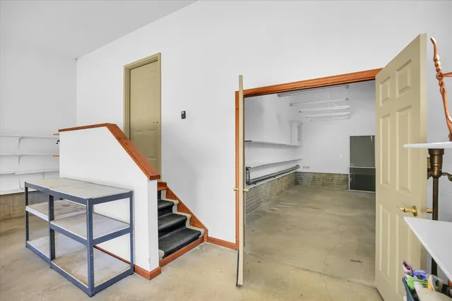 a view of a porch with wooden floor