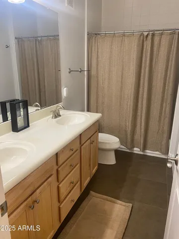 a bathroom with a sink a toilet and shower curtain