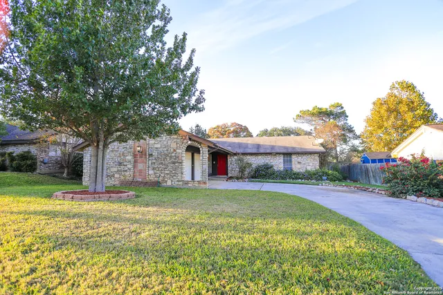 a view of a house with a yard and potted plants