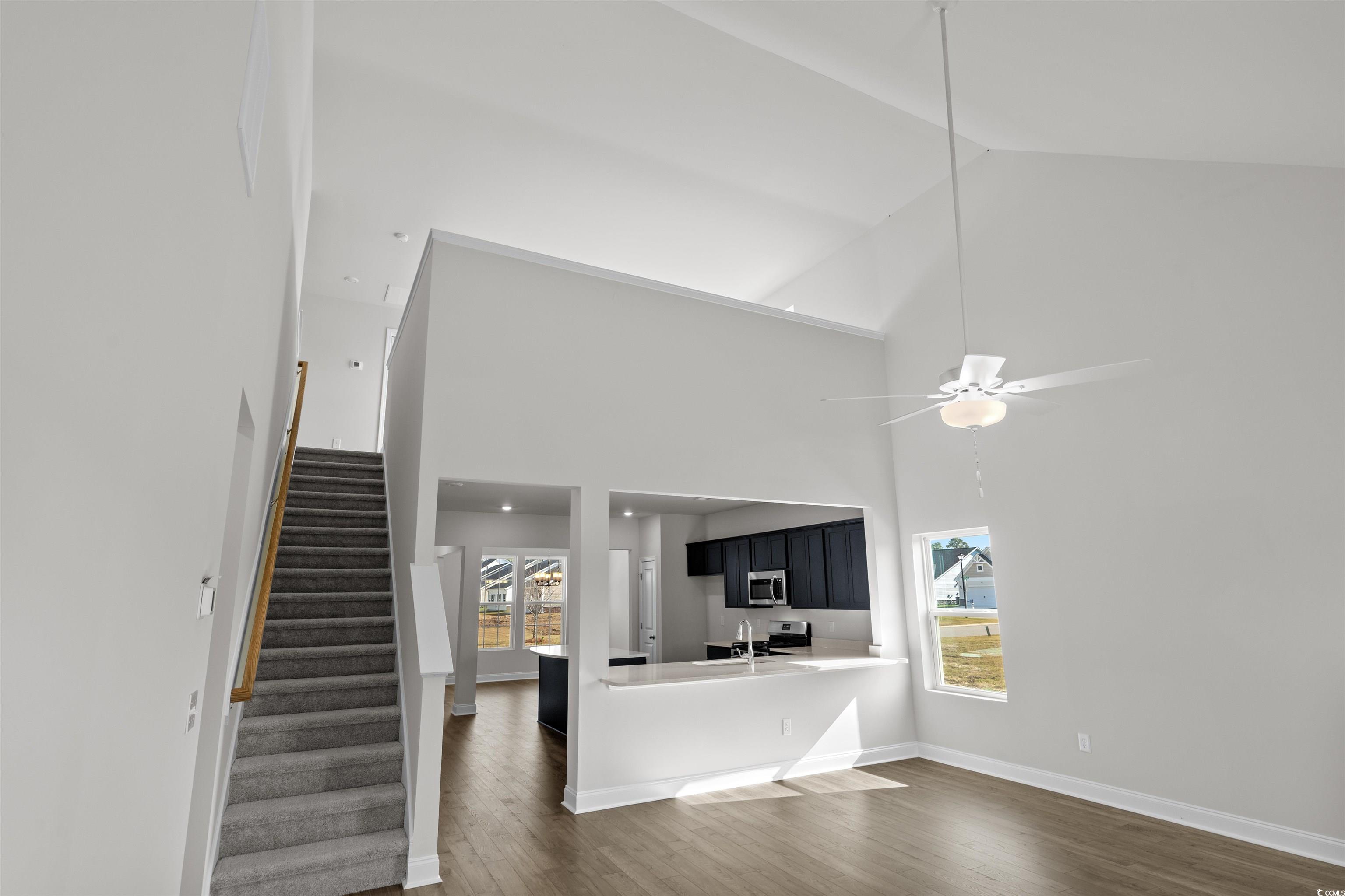 3013 Spain Lane Conway, SC 29527 - Photo 13 of 40 Kitchen with dark cabinets, a peninsula, dark wood-style flooring, high vaulted ceiling, and stainless steel appliances