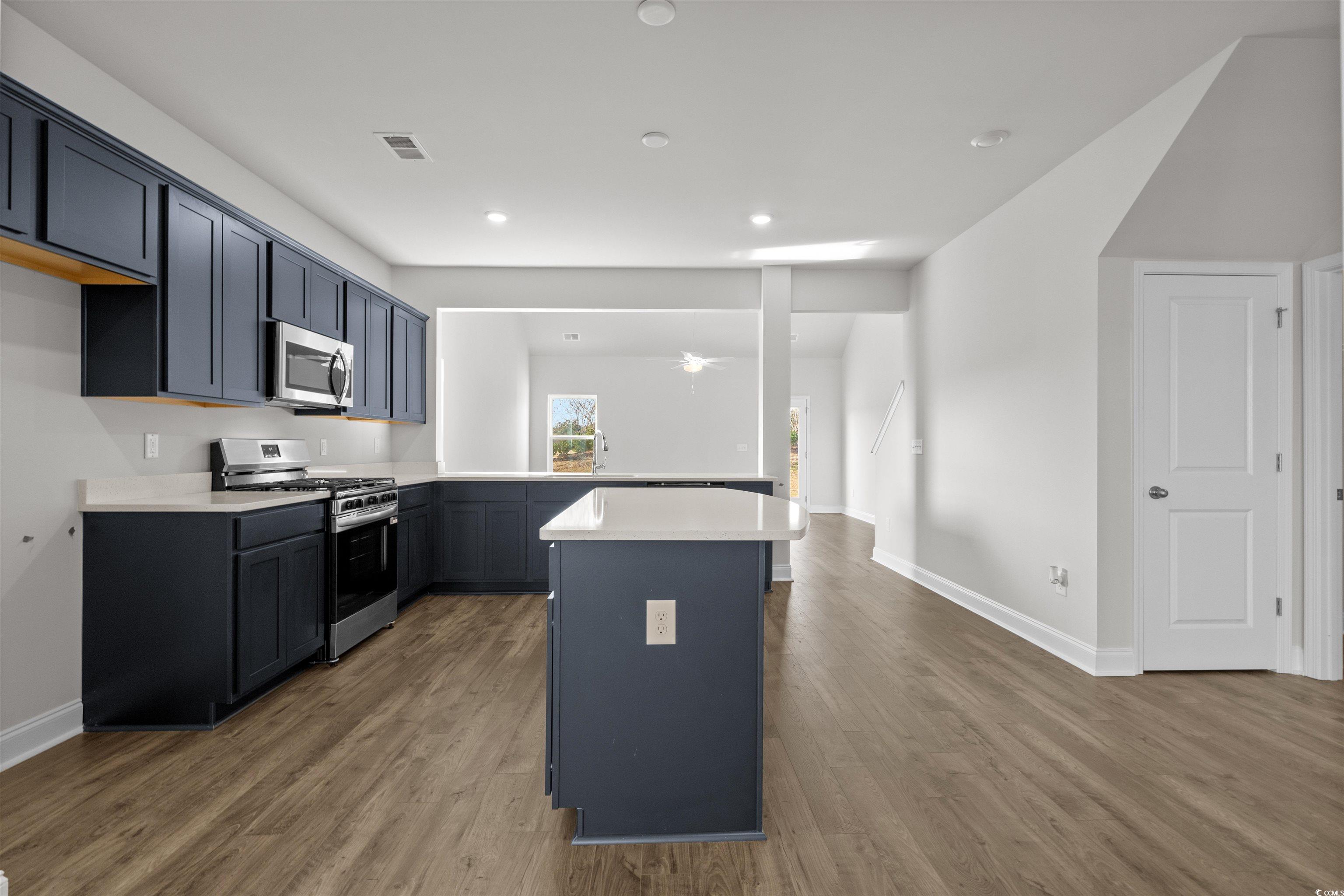 3013 Spain Lane Conway, SC 29527 - Photo 18 of 40 Kitchen with appliances with stainless steel finishes, dark wood-style floors, a center island, recessed lighting, and a ceiling fan