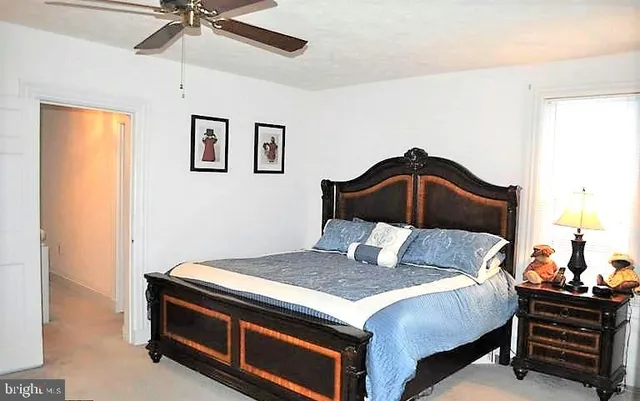 a bedroom with a bed and ceiling fan