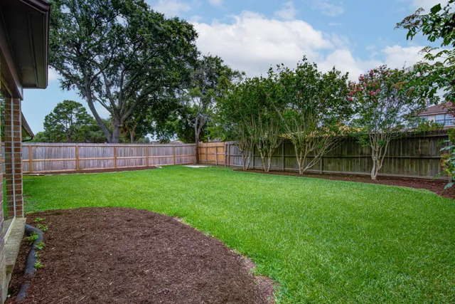 a view of a yard with a trampoline