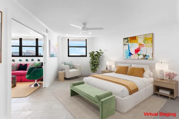 a bedroom with a bed and furniture