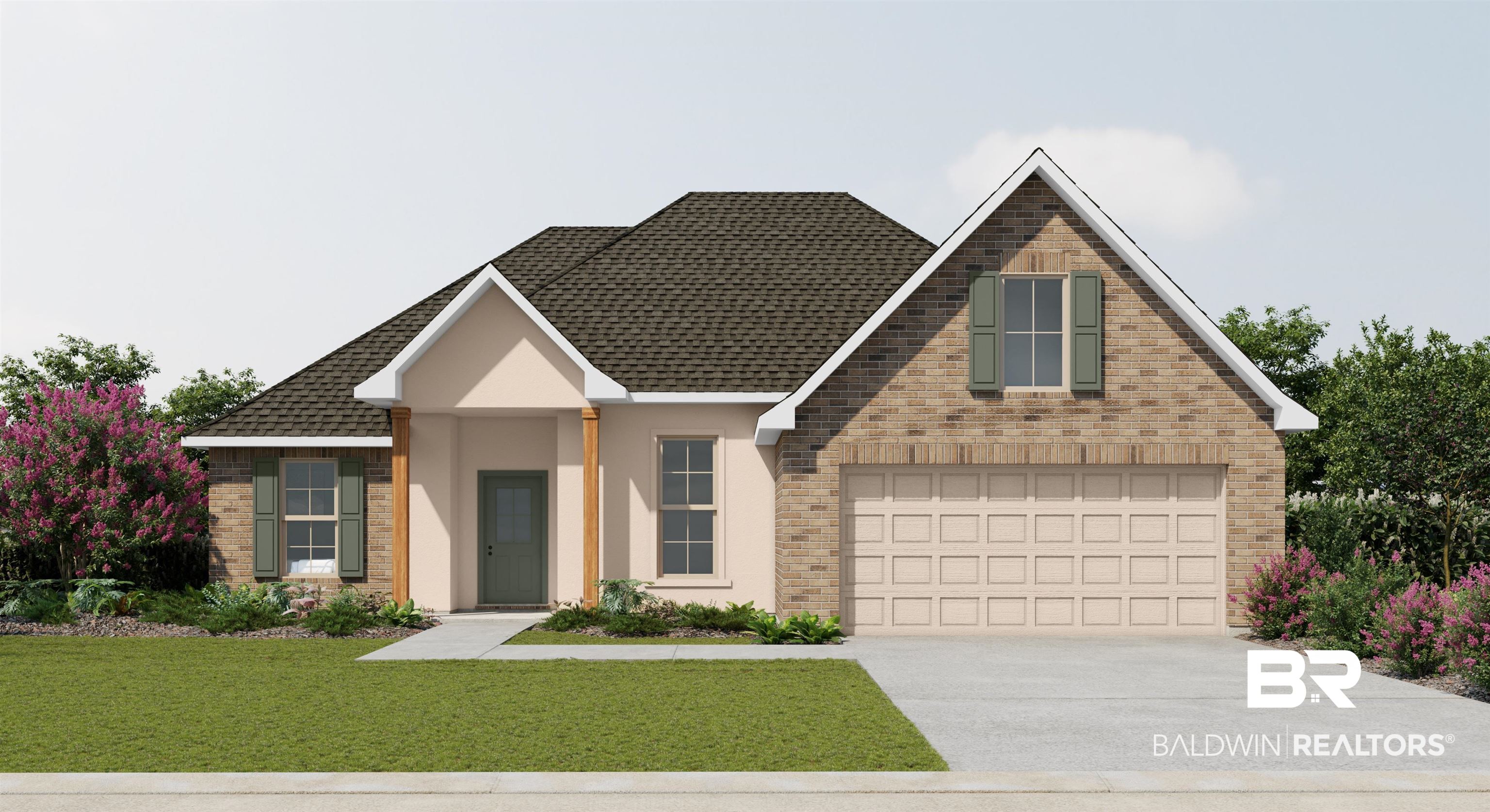11144 Bonaventure Avenue Daphne, AL 36526 - Photo 2 of 3 View of front facade featuring a front lawn, driveway, a shingled roof, stucco siding, and brick siding