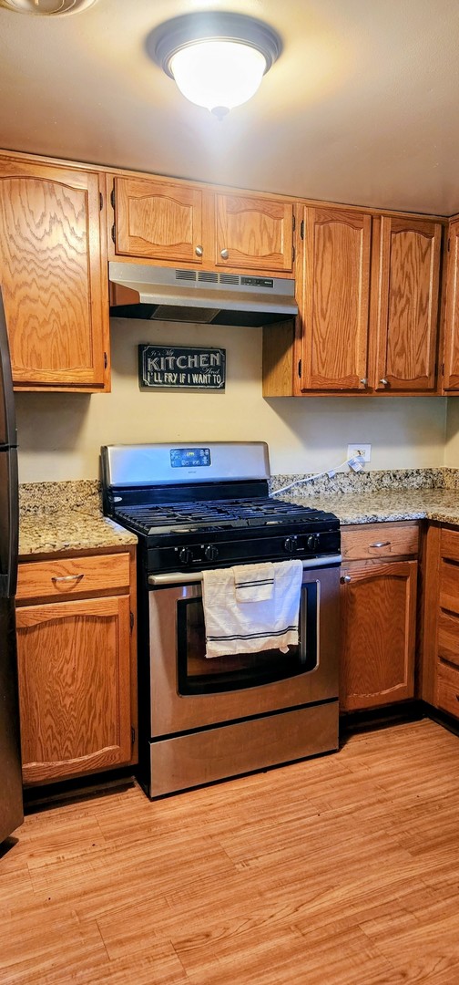 6337 Roosevelt Road, Unit 103 Berwyn, IL 60402 - Photo 8 of 14 a kitchen with stainless steel appliances granite countertop a stove a sink and a microwave
