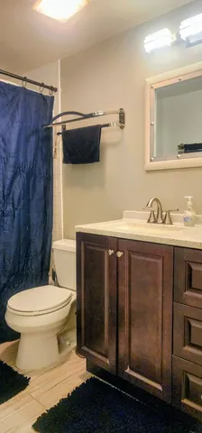a bathroom with a sink toilet and mirror