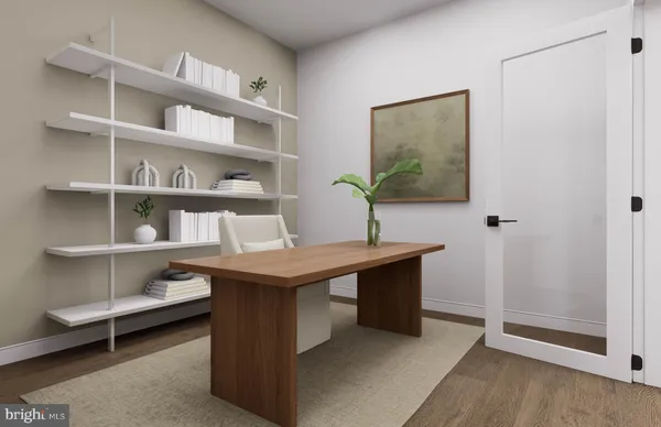 a view of workspace with cabinets