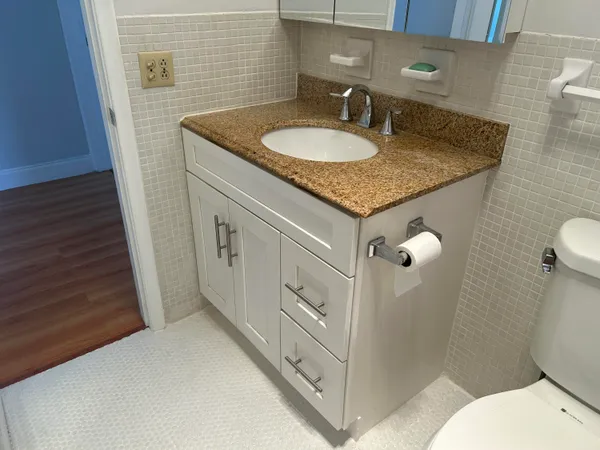 a bathroom with a sink a toilet and mirror