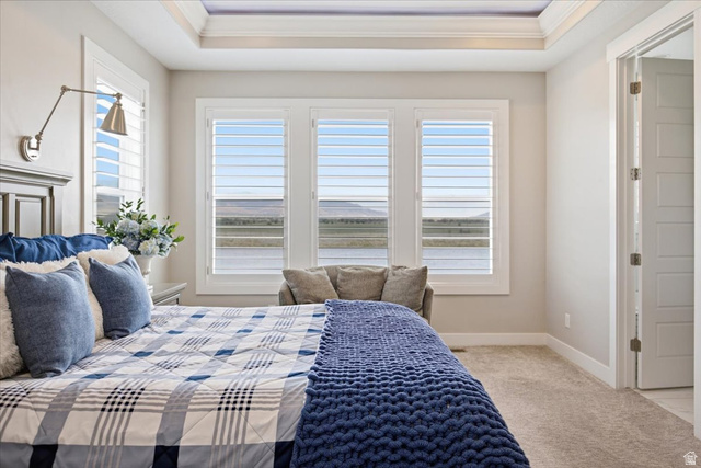 21 Pier Place Tooele, UT 84074 - Photo 33 of 112 Tray ceiling with crown molding, white plantation shutters, three large windows, wall-mounted sconce, and neutral carpeting