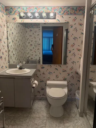 a bathroom with a sink a toilet and mirror