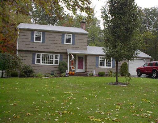 a front view of a house with a garden and trees