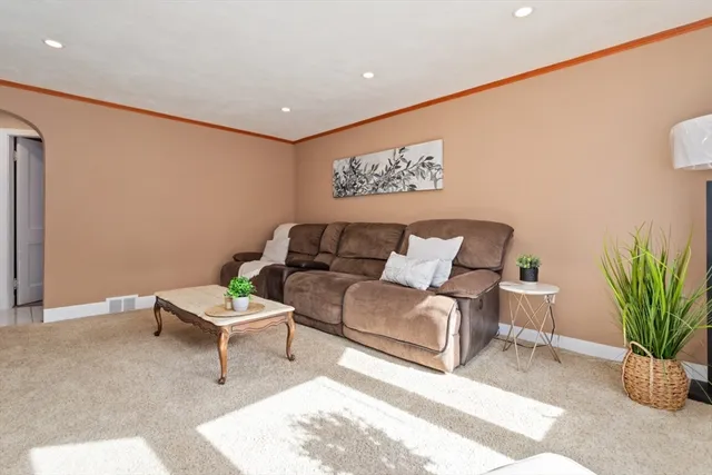a living room with furniture and a potted plant