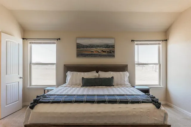 a bedroom with a large bed and a window