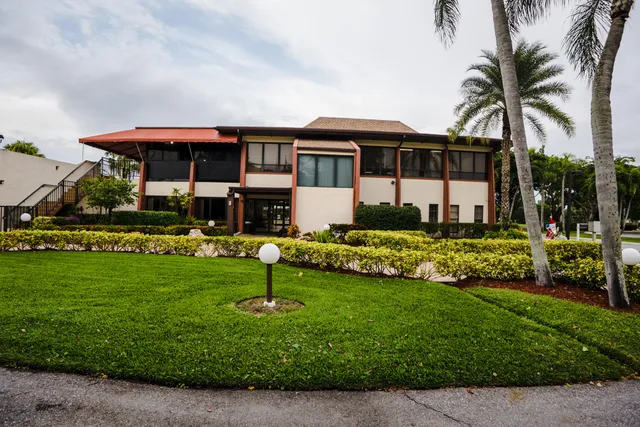 a view of a park with large trees
