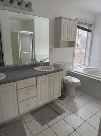 a bathroom with a granite countertop toilet sink and mirror