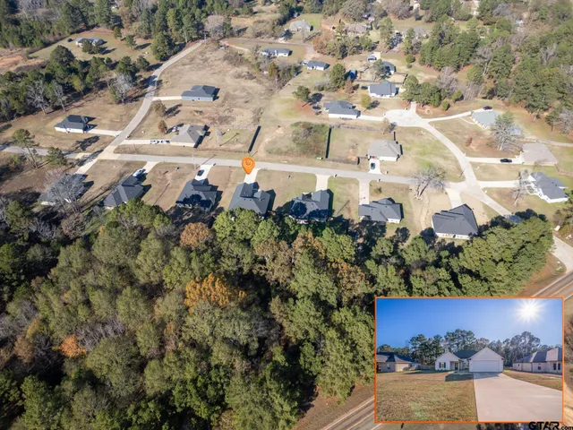 an aerial view of a house with a yard and tree s