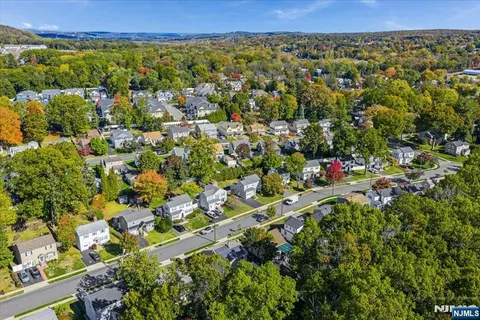 an aerial view of residential houses with outdoor space and trees