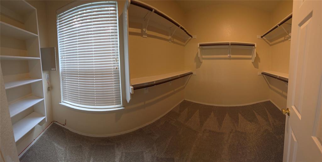2820 Deer Ridge Drive Rockwall, TX 75032 - Photo 31 of 36 Expansive walk-in closet featuring built-in shelving, organized hanging rods, window with blinds, and neutral carpeting