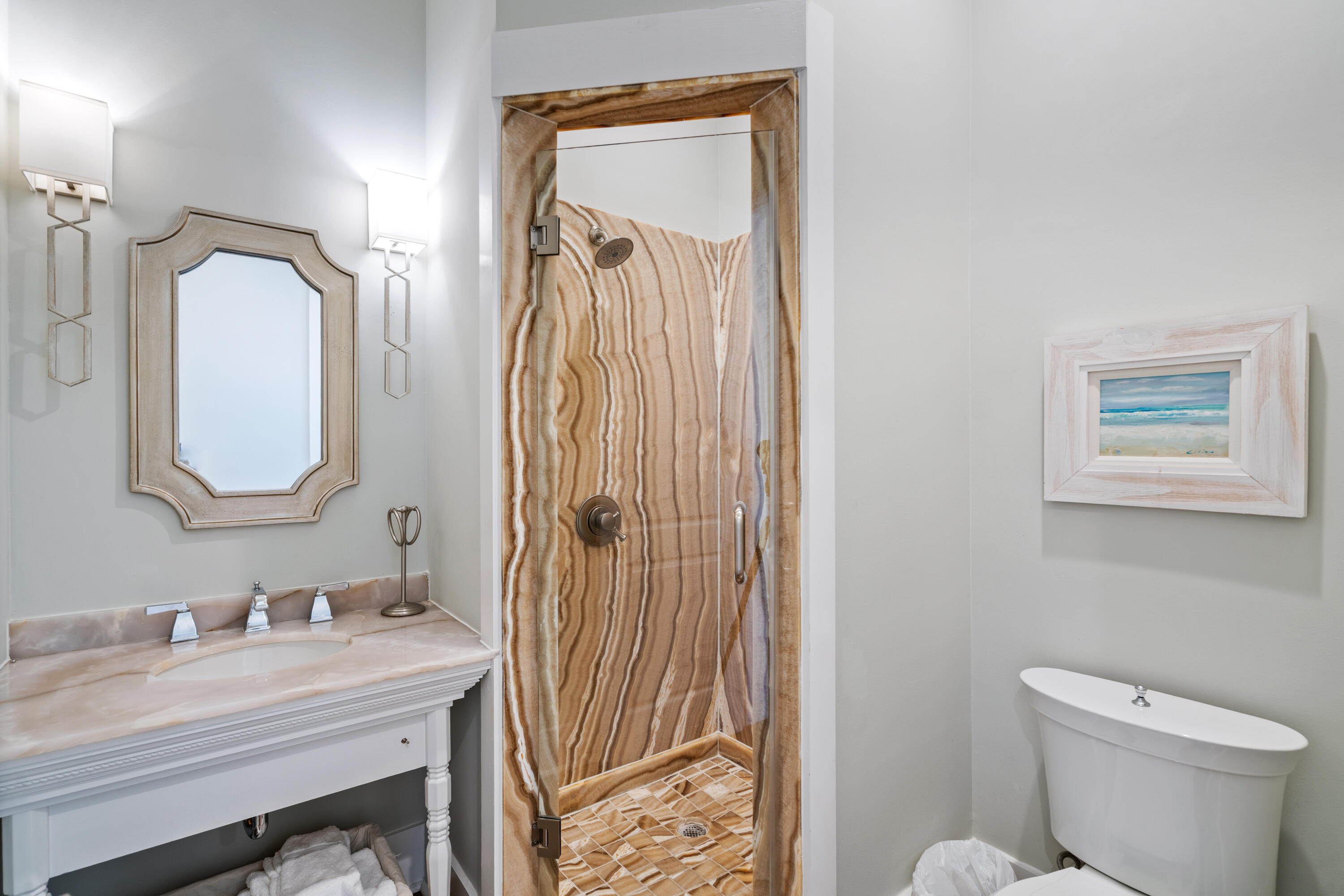 148 Coopersmith Lane Inlet Beach, FL 32461 - Photo 57 of 82 a bathroom with a toilet a sink a mirror a vanity and shower