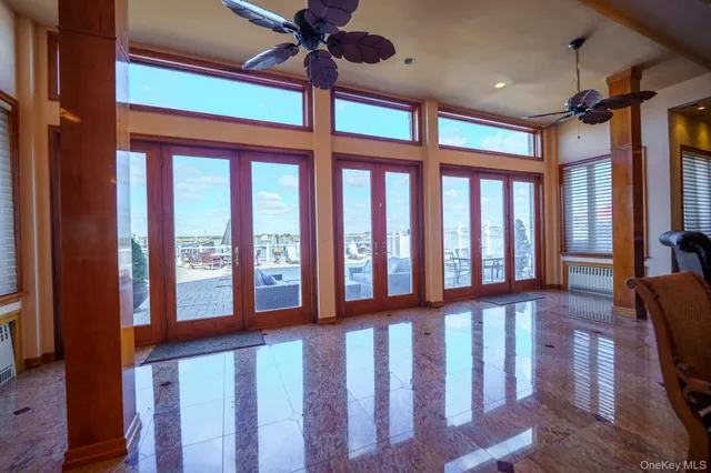 a view of a porch with wooden floor