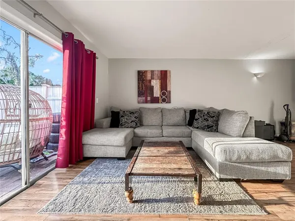 a view of a room that has a bench in it