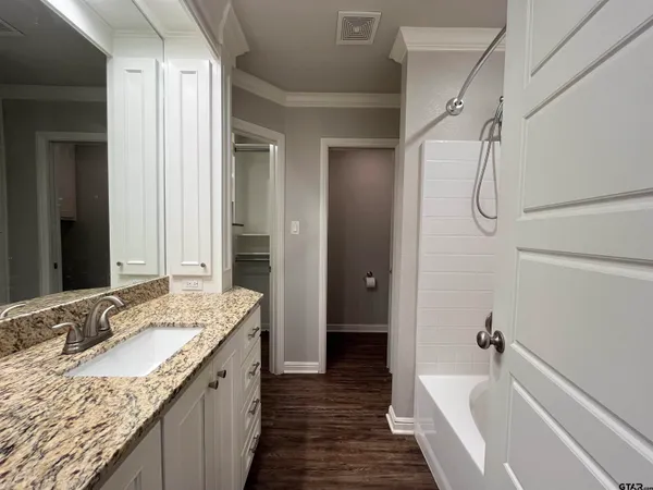a bathroom with a granite countertop sink a mirror and a bathtub