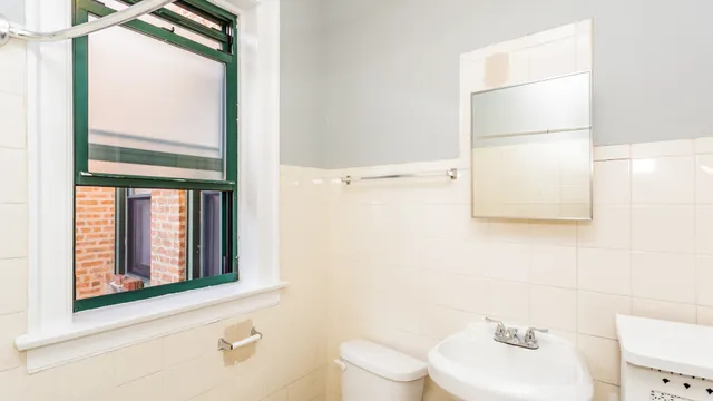 a bathroom with a toilet a sink and mirror