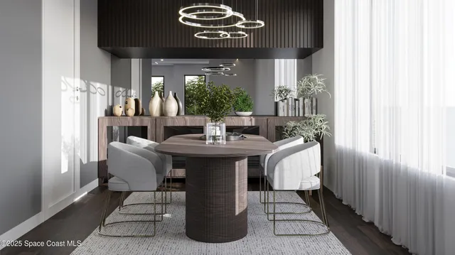 a dining room with furniture and window