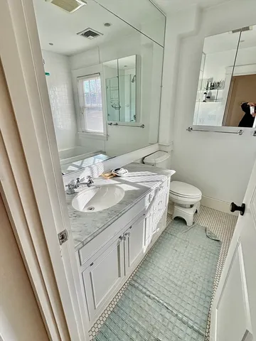 a bathroom with a sink a toilet and mirror