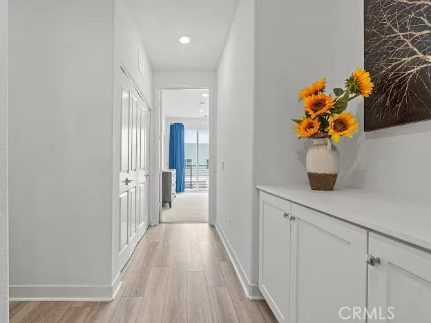 a hallway with painting on the wall and a potted plant