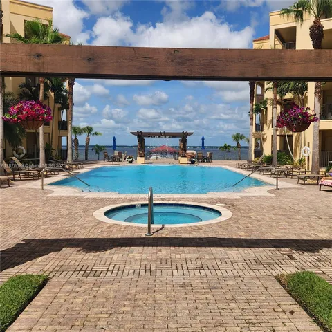 a view of a swimming pool with a yard