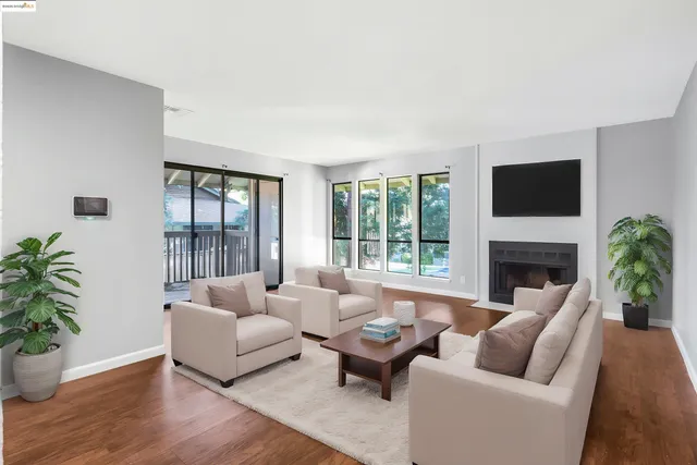 a living room with furniture a fireplace and a potted plant