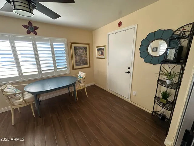 a workspace with wooden floor