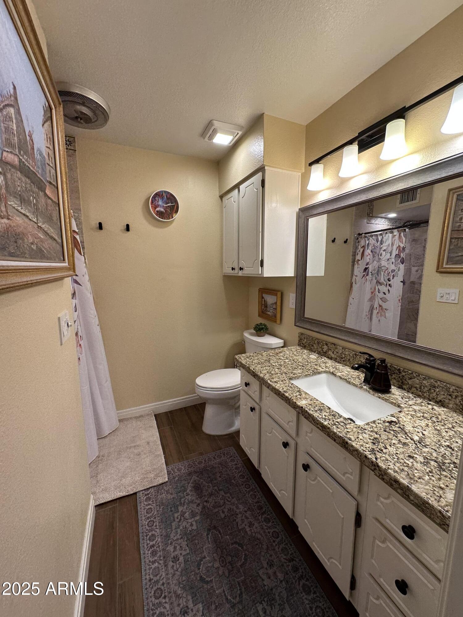 4328 East Capri Avenue, Unit 180 Mesa, AZ 85206 - Photo 27 of 38 a bathroom with a granite countertop sink a toilet and a mirror