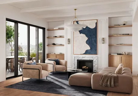 a living room with furniture large window and a fireplace