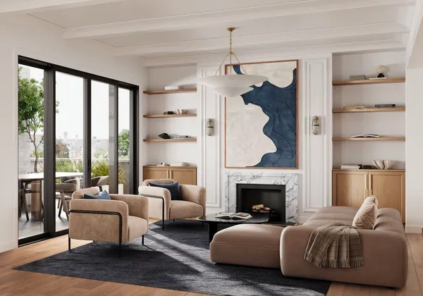 a living room with furniture large window and a fireplace