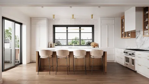 a dining room with furniture and wooden floor