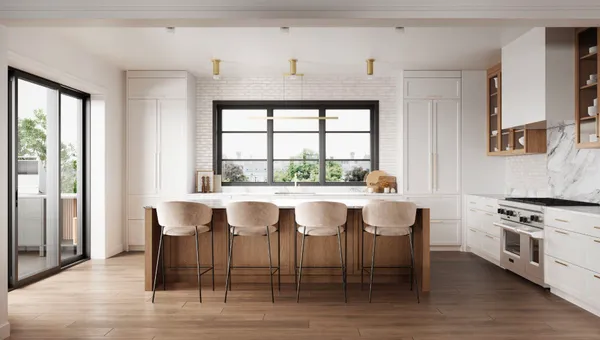 a dining room with furniture and wooden floor