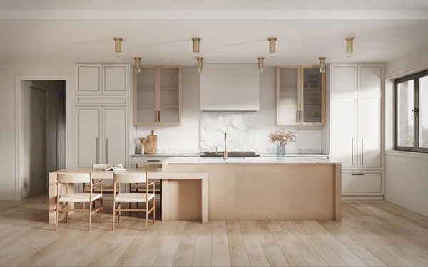 an open kitchen with granite countertop a sink cabinets and wooden floor