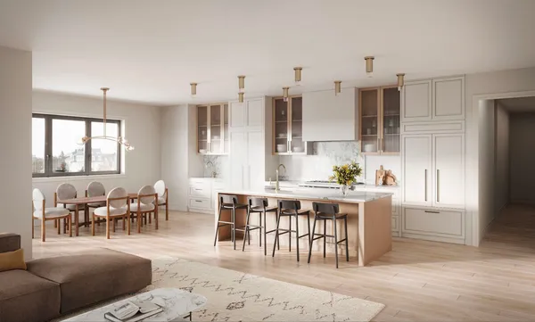 a living room with lots of furniture and kitchen view