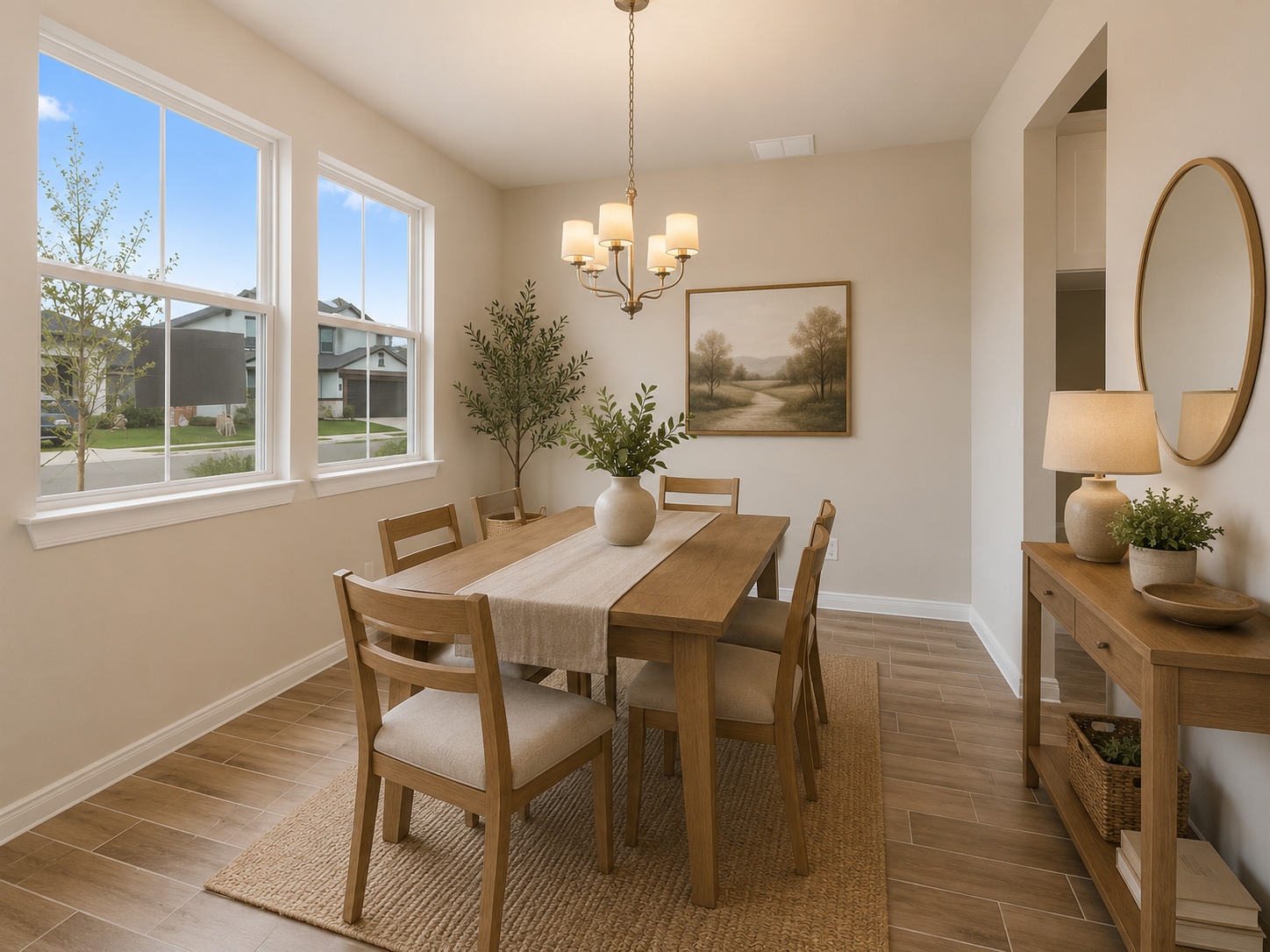 332 Stellar Wind Drive Georgetown, TX 78628 - Photo 14 of 40 Natural light floods this inviting dining space, highlighting wood-look tile flooring and a graceful chandelier.