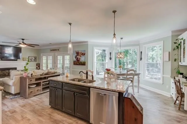 a kitchen with lots of counter top space