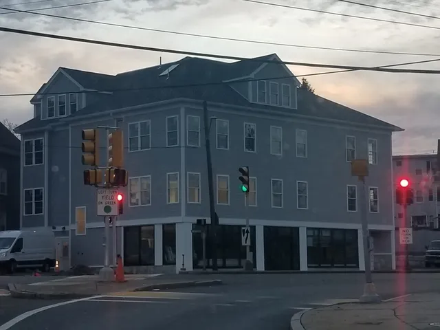 a view of a building on a city street