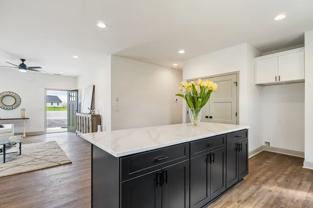a kitchen with a sink a counter space and appliances