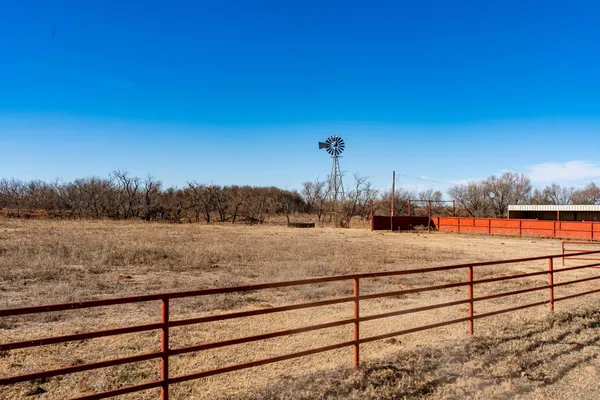 a view of a dry yard with wooden fence
