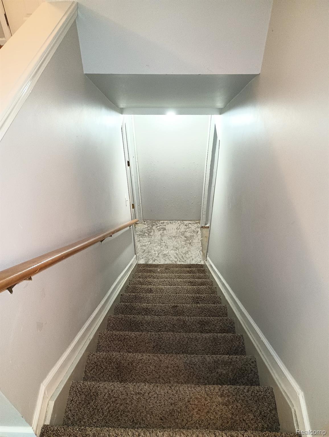 Carpeted staircase with light gray walls, white trim, and a wood handrail