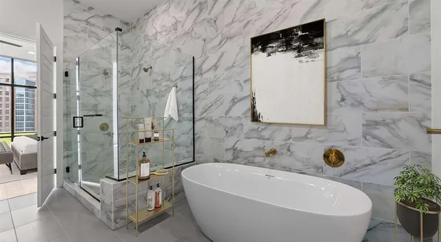 a bath tub sitting next to a bathroom